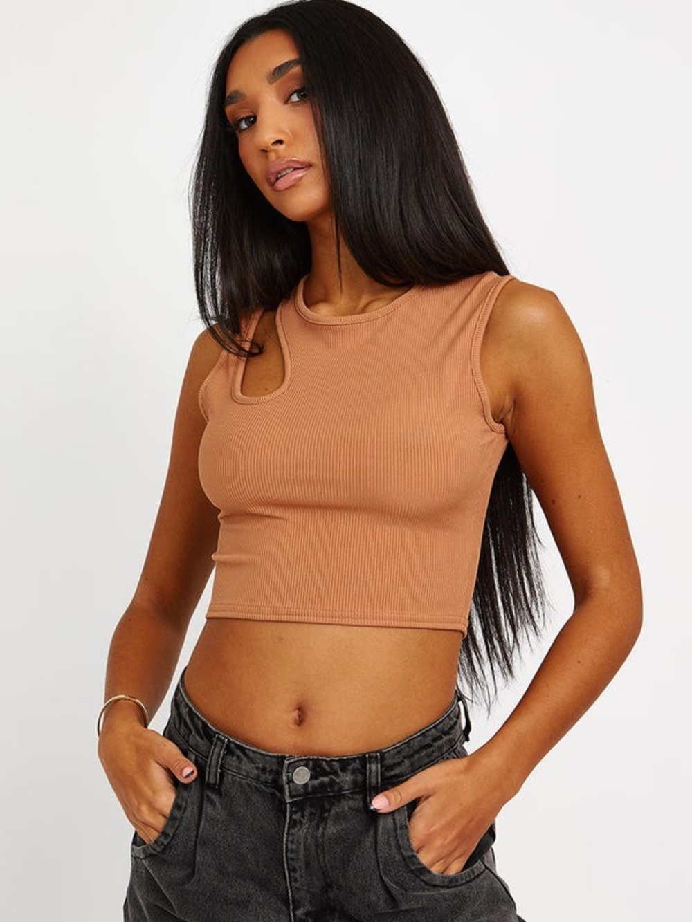 Zara CUT OUT SHOULDER RIBBED CROP TOP Sz Large
